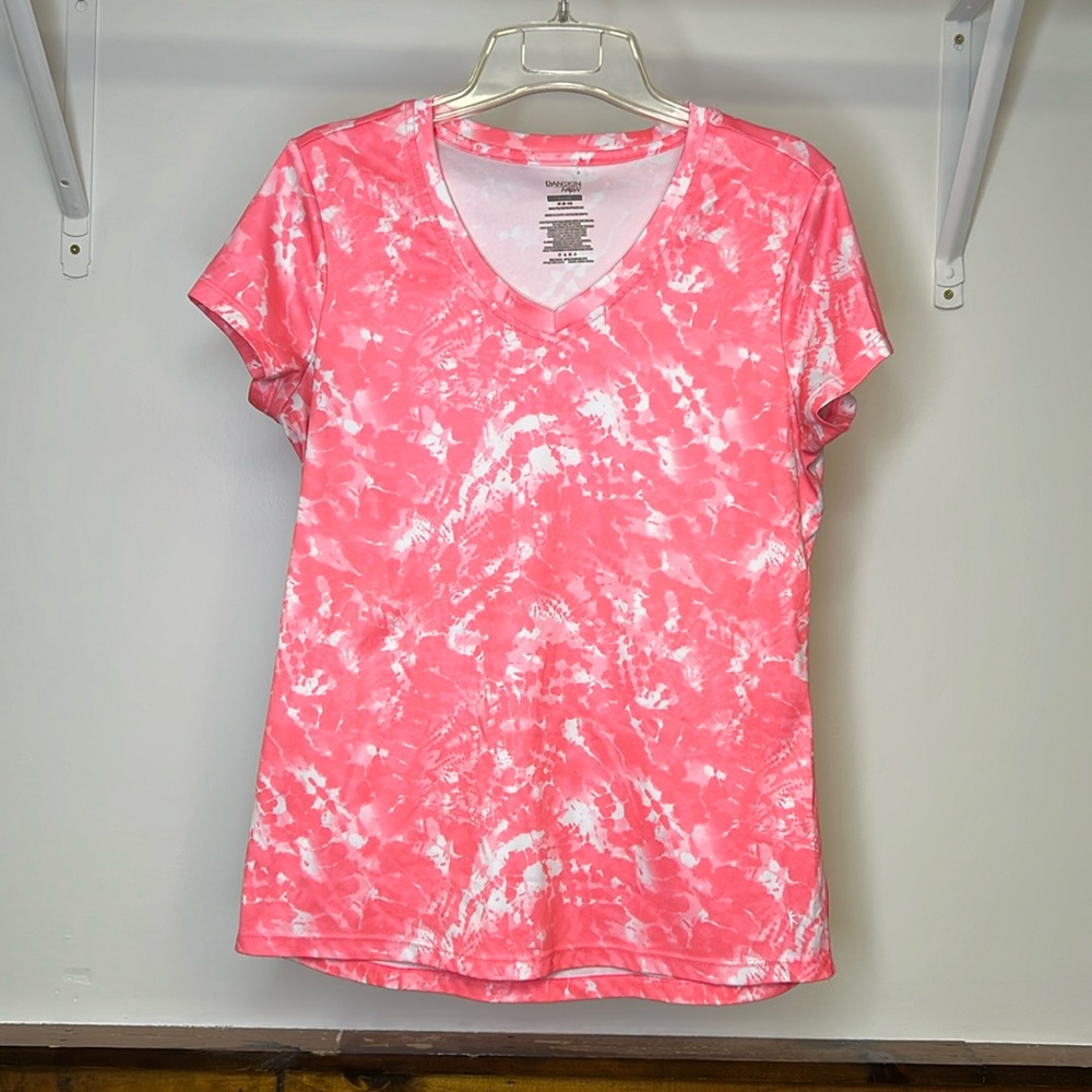 Danskin Now Pink V-Neck Loose Fit Moisture Wicking Short Sleeve Workout Top- M